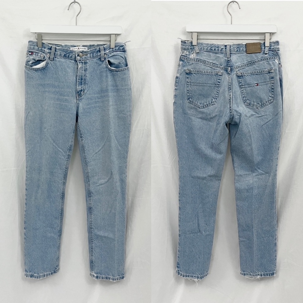 vintage womens 90s y2k tommy hilfiger light wash distressed denim jeans